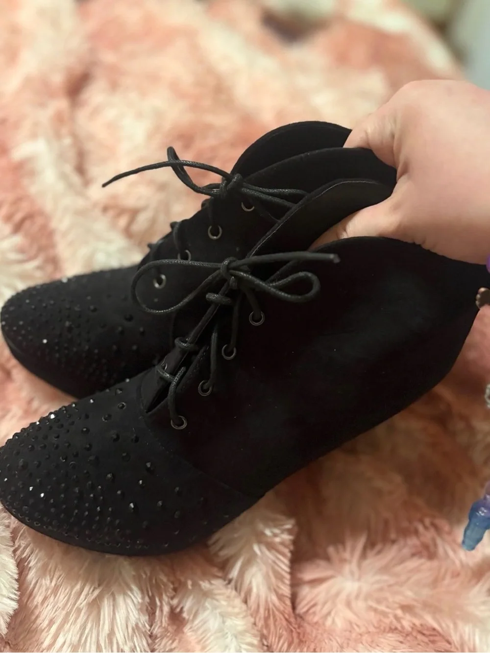 Black Lace-Up Ankle Booties with Studded Toe